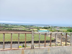 A coastal landscape with fields, a small building with a blue roof, and a distant view of the sea and industrial structures. - Feeling Good House (Jeju City)