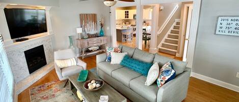 TV, fireplace, foosball