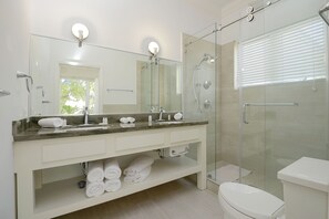 Dusj, hårføner, håndklær og såpe