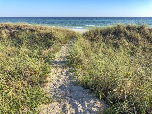 Nær stranden og solsenger