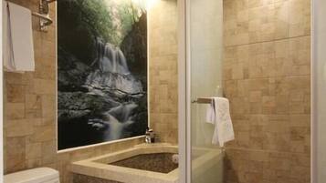 Shower, free toiletries, hair dryer, slippers