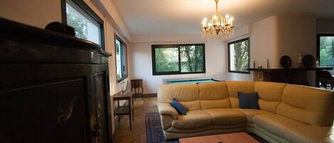 A living room with a sofa, a coffee table, a chandelier, and a fireplace.