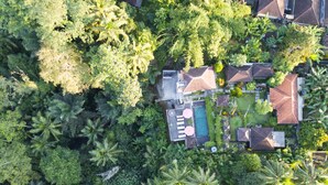 Ett flygbildsbild av ett bostadsområde med tät vegetation, en swimmingpool och flera hus med sluttande tak.