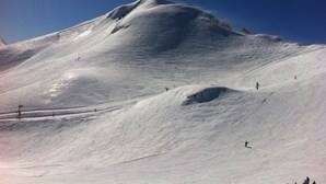 Une pente de montagne enneigée où l’on voit des skieurs.