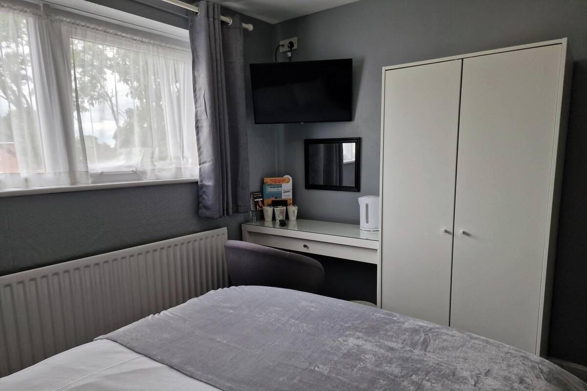 A hotel room with a bed, a desk, a chair, a wardrobe, a radiator, a window with curtains, a flat-screen TV, a mirror, and a coffee maker.