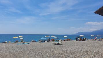 En la playa y camastros