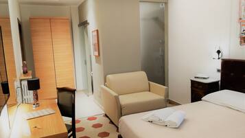 A hotel room with a bed, a desk, a chair, a wardrobe, and a shower area.