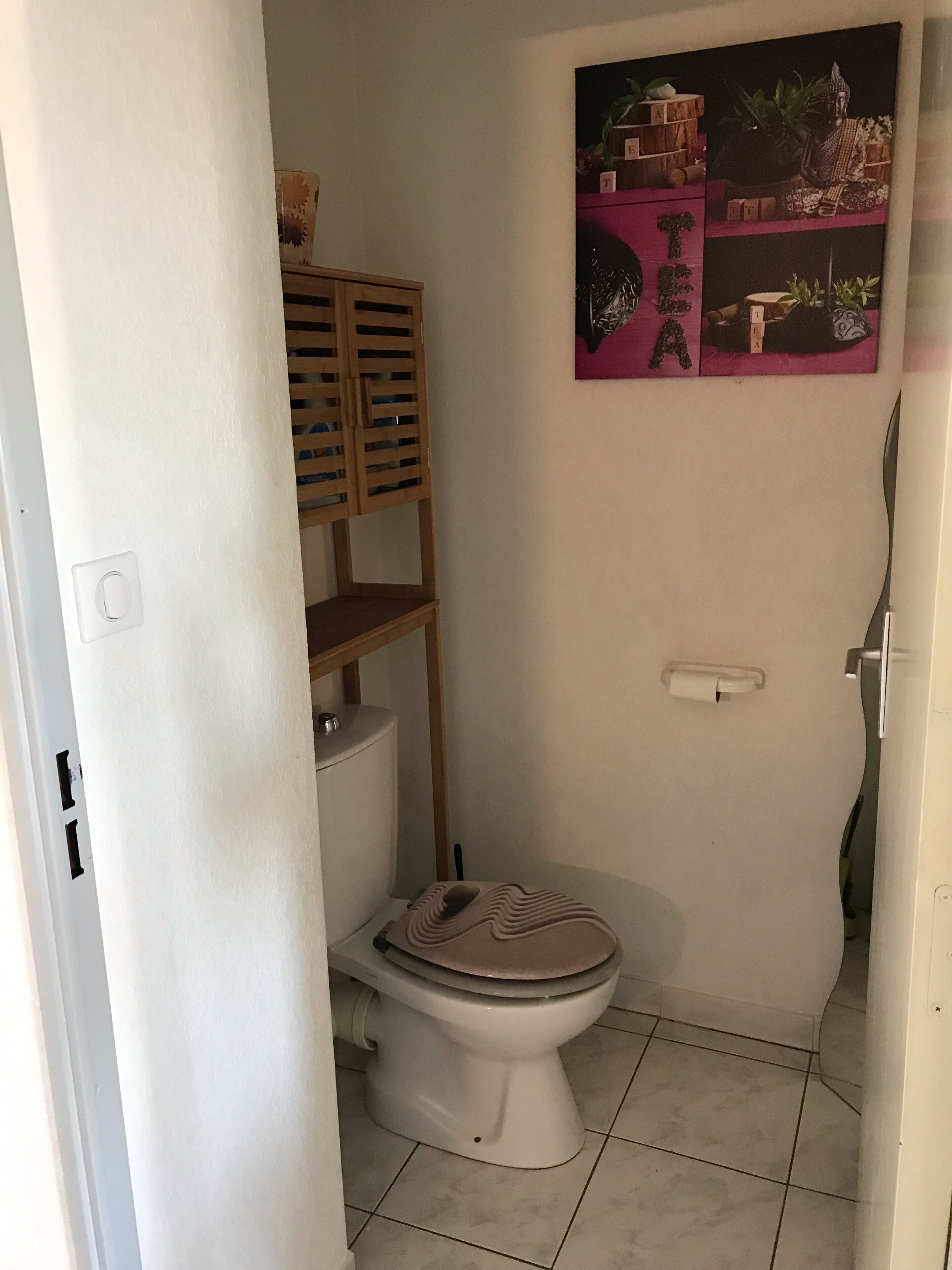 A small bathroom with a toilet, a wooden shelf above the toilet, and a wall-mounted shelf with plants and a Buddha statue.