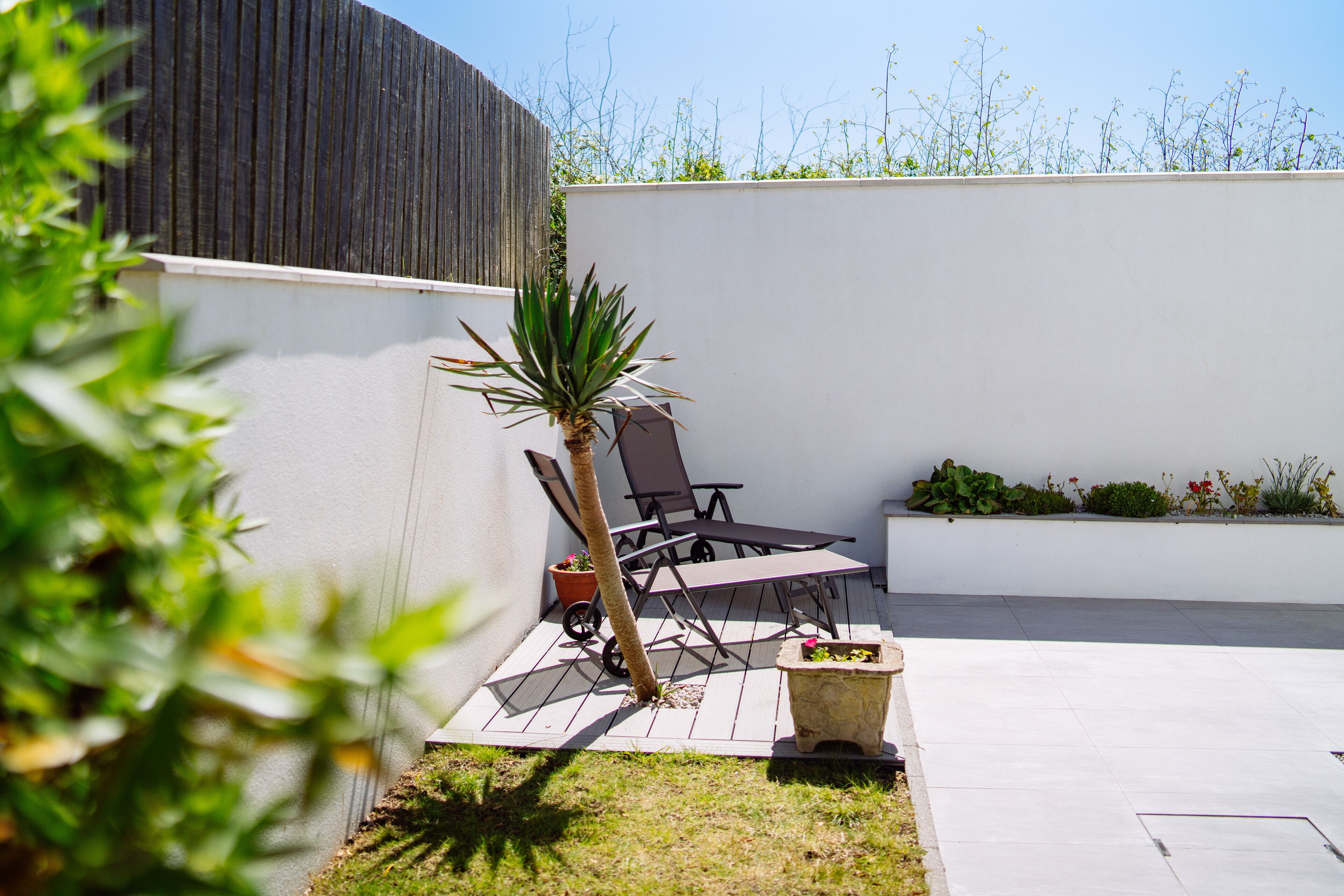 Un espace patio aménagé avec une table et des chaises, un petit palmier et un jardinier avec des fleurs.