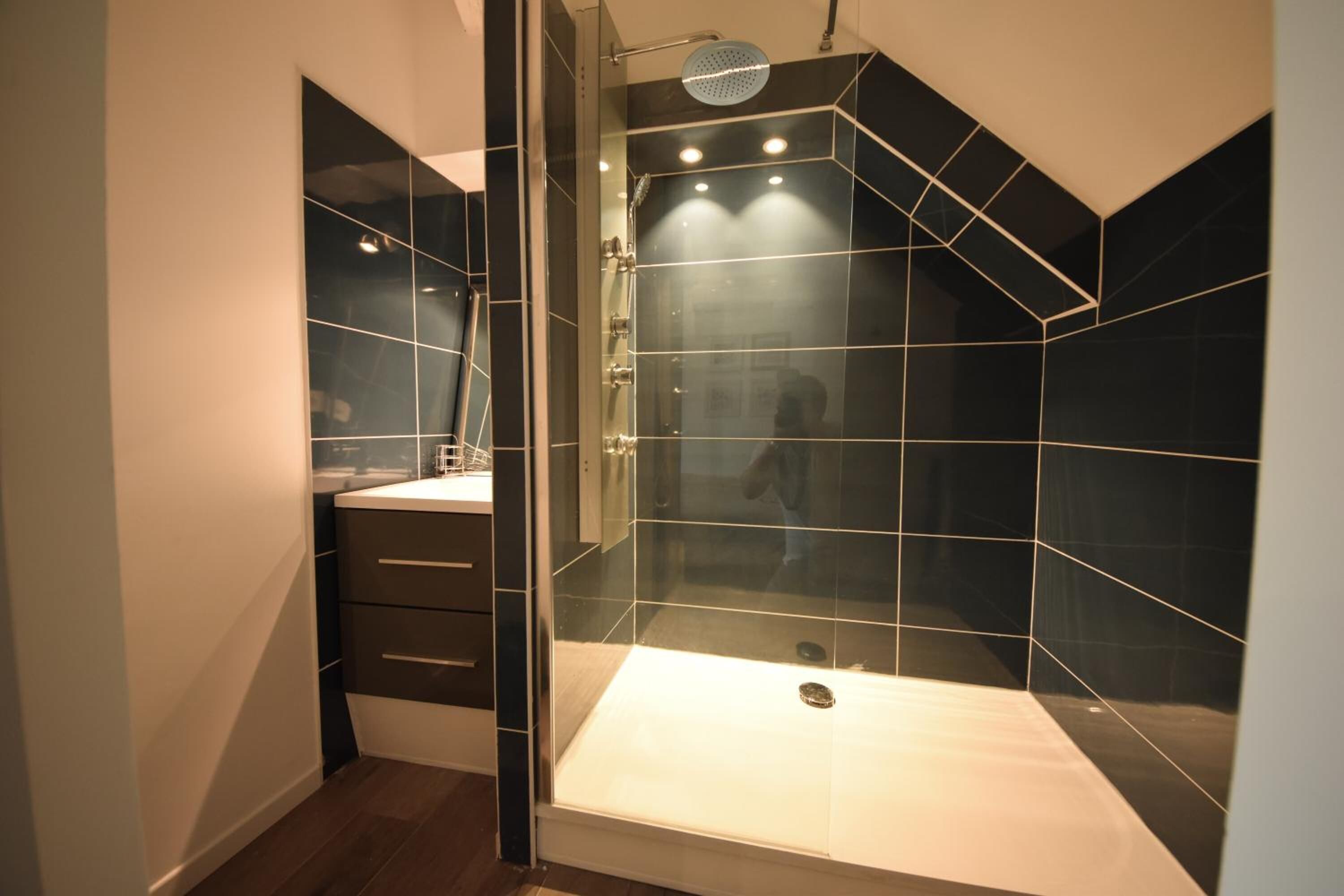 Une salle de bain moderne avec une douche à parois de verre, des murs recouverts de carreaux foncés et un lavabo blanc.