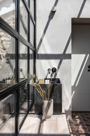 Design Double Room (The Ode) | Bathroom | Rainfall showerhead, hair dryer, bathrobes, slippers - Monsieur Didot (Athens)