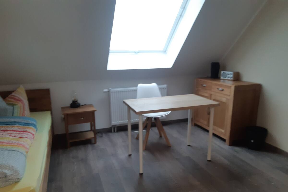 A small, well-lit room with a skylight, a bed, a desk, and a chair.
