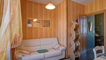 Une pièce avec un canapé blanc, un tapis à motifs, un miroir et une bibliothèque en bois.