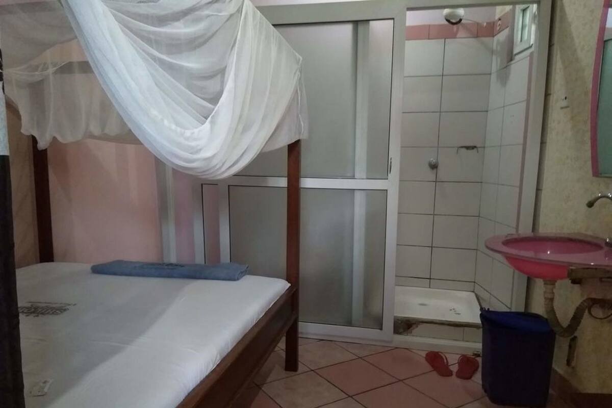 A bedroom with a bed, a white canopy, a bathroom with a sink and mirror, and a shower area.