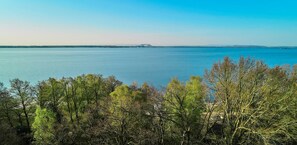 Un paysage côtier offrant une vue dégagée sur la mer, avec une zone boisée au premier plan.