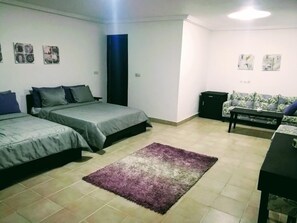 A bedroom with two beds, a sofa, a small table, and a rug.