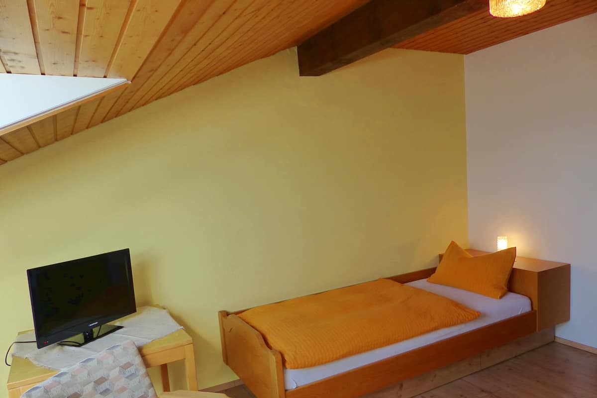 Ein kleines, gemütliches Zimmer mit einem Einzelbett, einem Schreibtisch mit Computer und einem Stuhl.