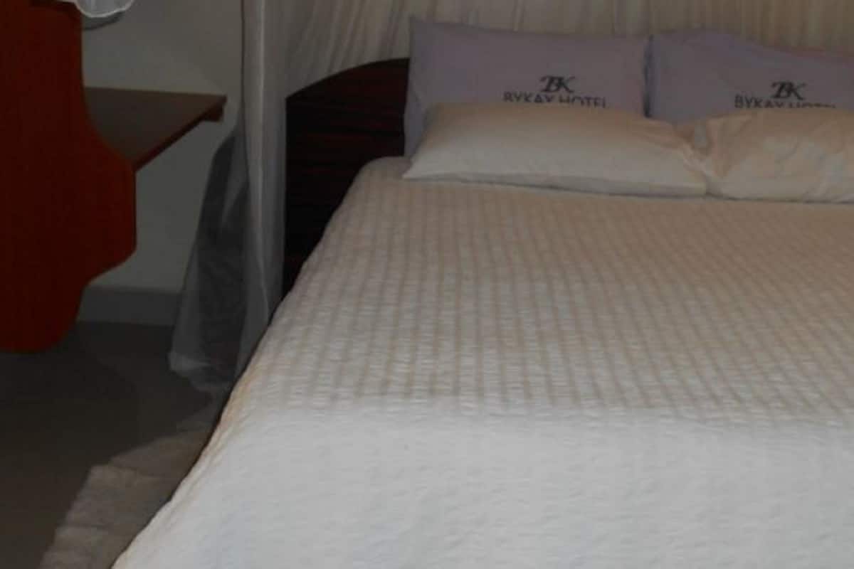 A hotel room with a bed, two pillows with a logo, a bedside table, and a red chair.