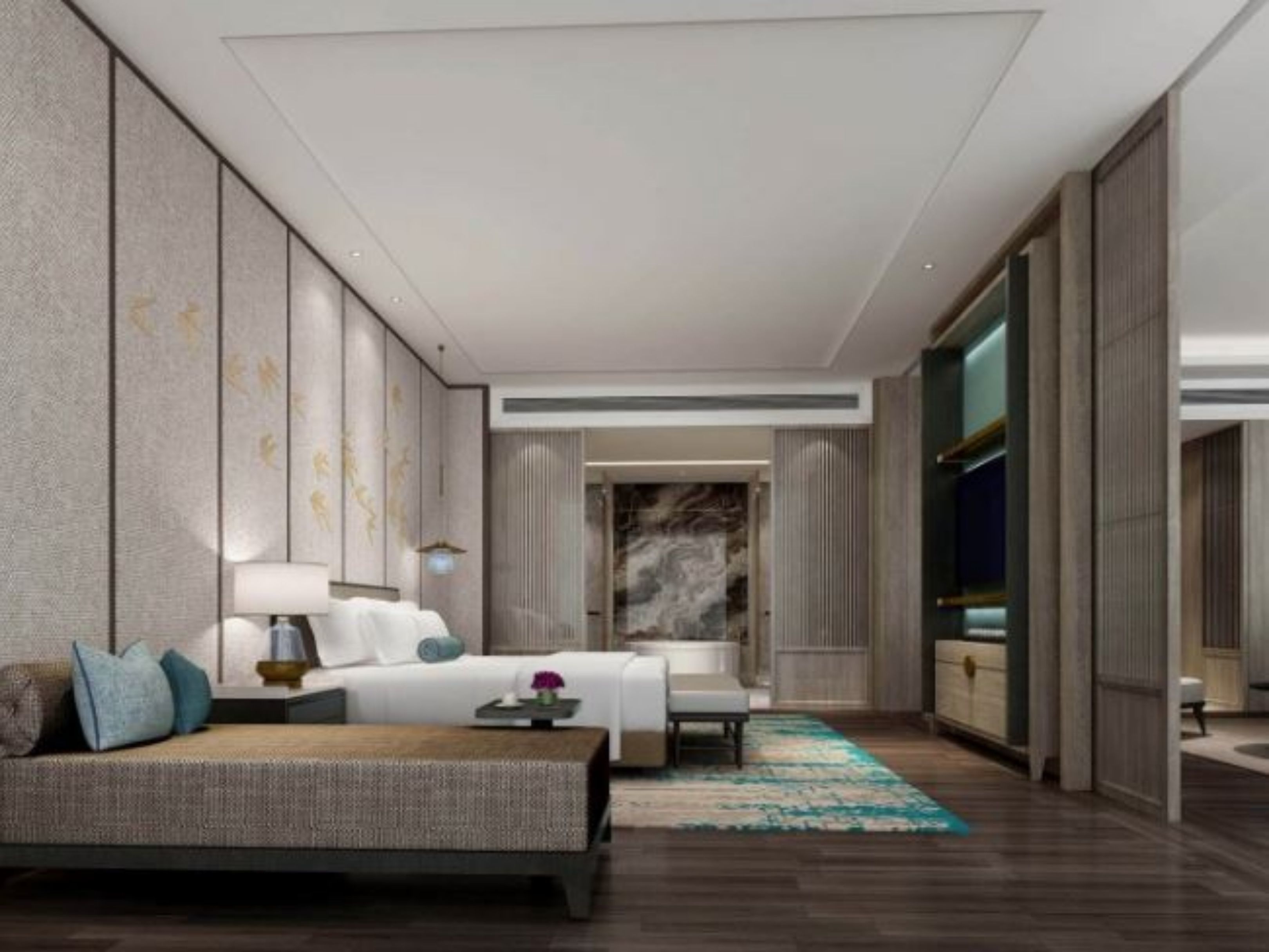 Una habitación de hotel moderna con una cama grande, un área de descanso y vistas de la ciudad a través de un ventanal amplio.