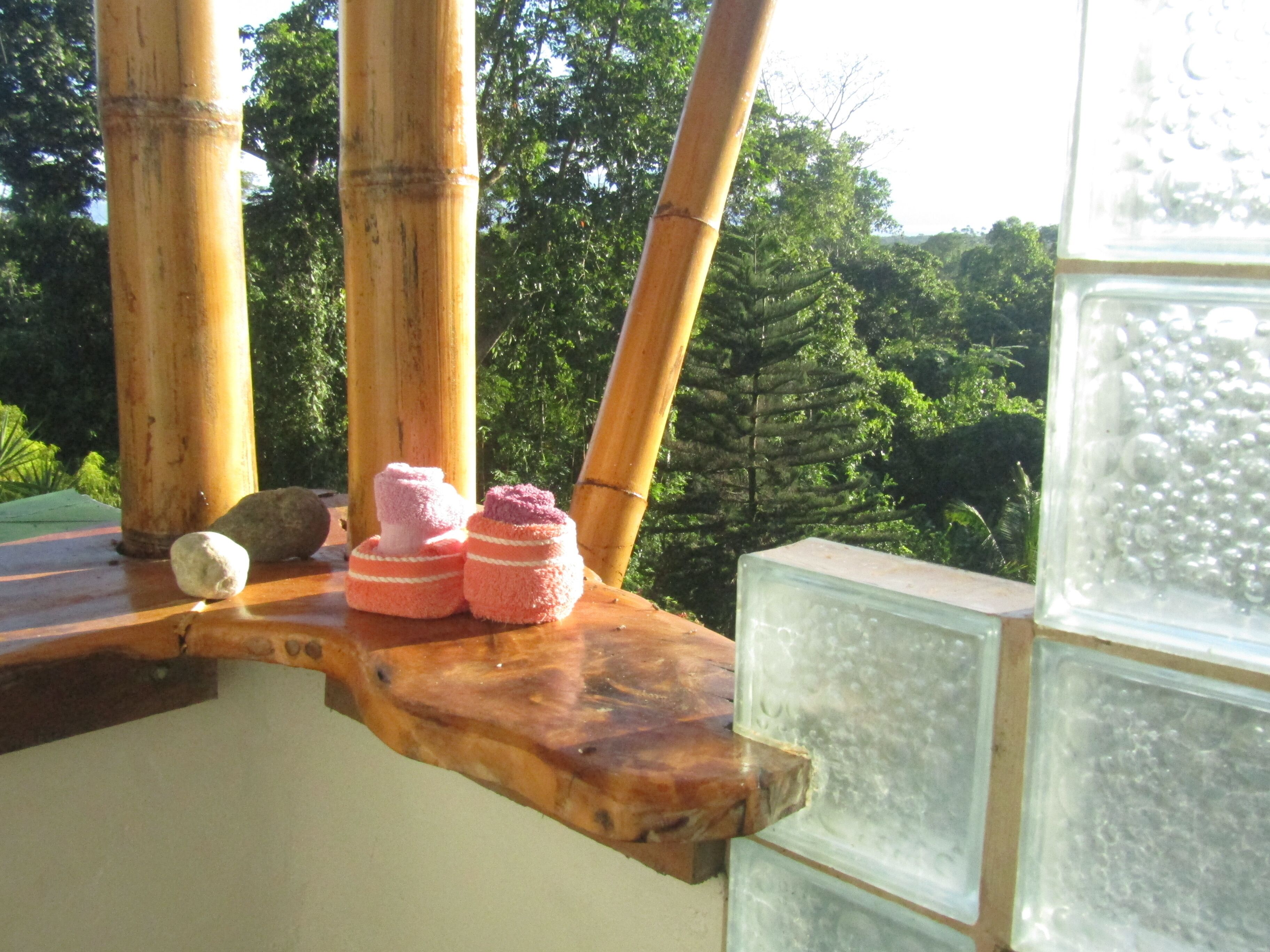 A wooden ledge with a glass block wall, a rock, and two pink knitted items.