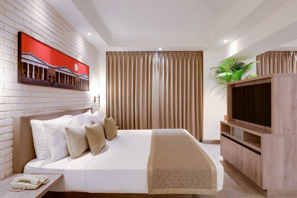 Une chambre d’hôtel avec un grand lit, une télévision, une plante et une œuvre d’art murale.