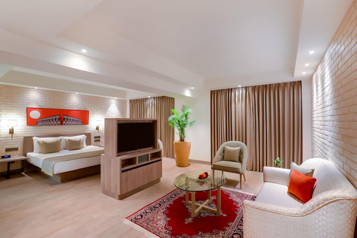Un salon moderne avec un canapé, un téléviseur, une table basse et une grande plante en pot.