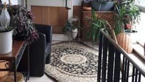 Een moderne woonkamer met een zwarte bank, een getextureerd vloerkleed en diverse planten.