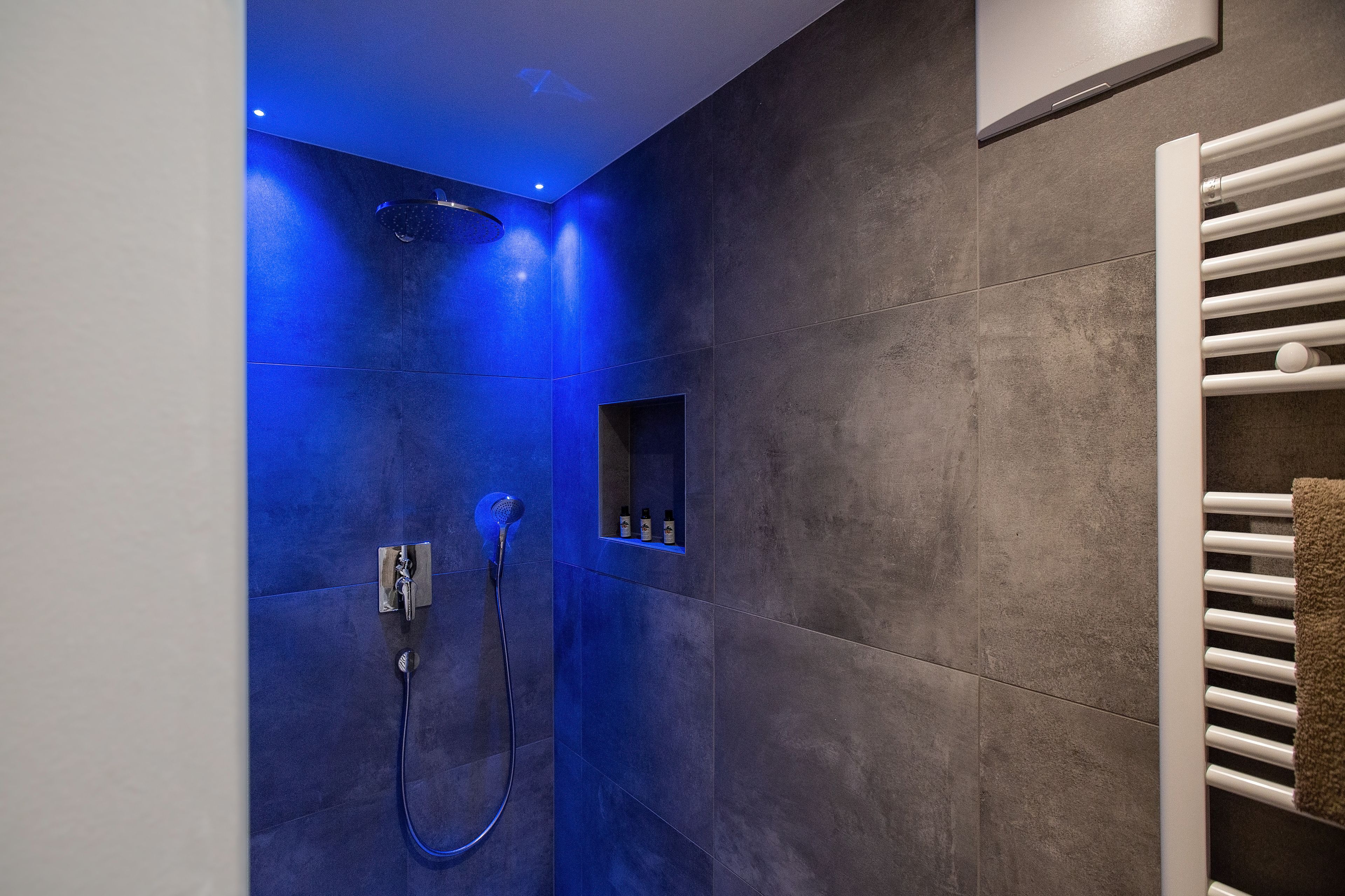 A modern bathroom with a shower, a built-in shelf with toiletries, and a towel rack.
