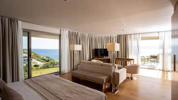 Suite exclusiva, 1 cama matrimonial, balcón, vista al mar | Ropa de cama hipoalergénica y minibar 