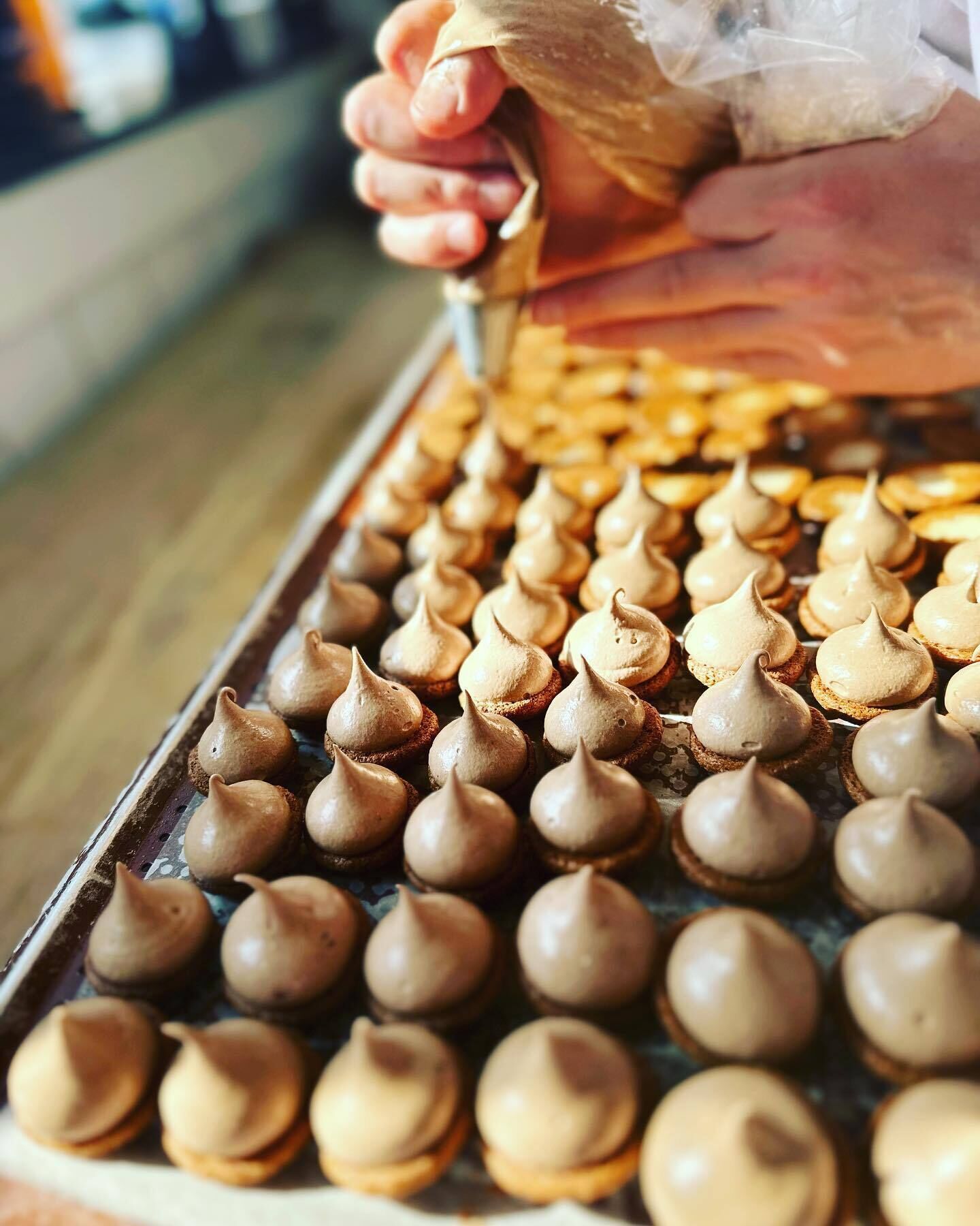 A tray of chocolate meringue cookies arranged in rows.