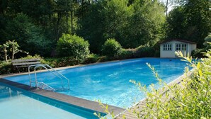 A rectangular swimming pool with a metal ladder on one side, surrounded by lush greenery and a small building with a red roof. - Campinghotel Eulenburg - Hostel (Osterode am Harz)