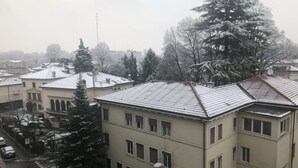 A multi-story building with a tiled roof, surrounded by trees and parked cars. - Ca' Lou al Teatro (Vicenza)