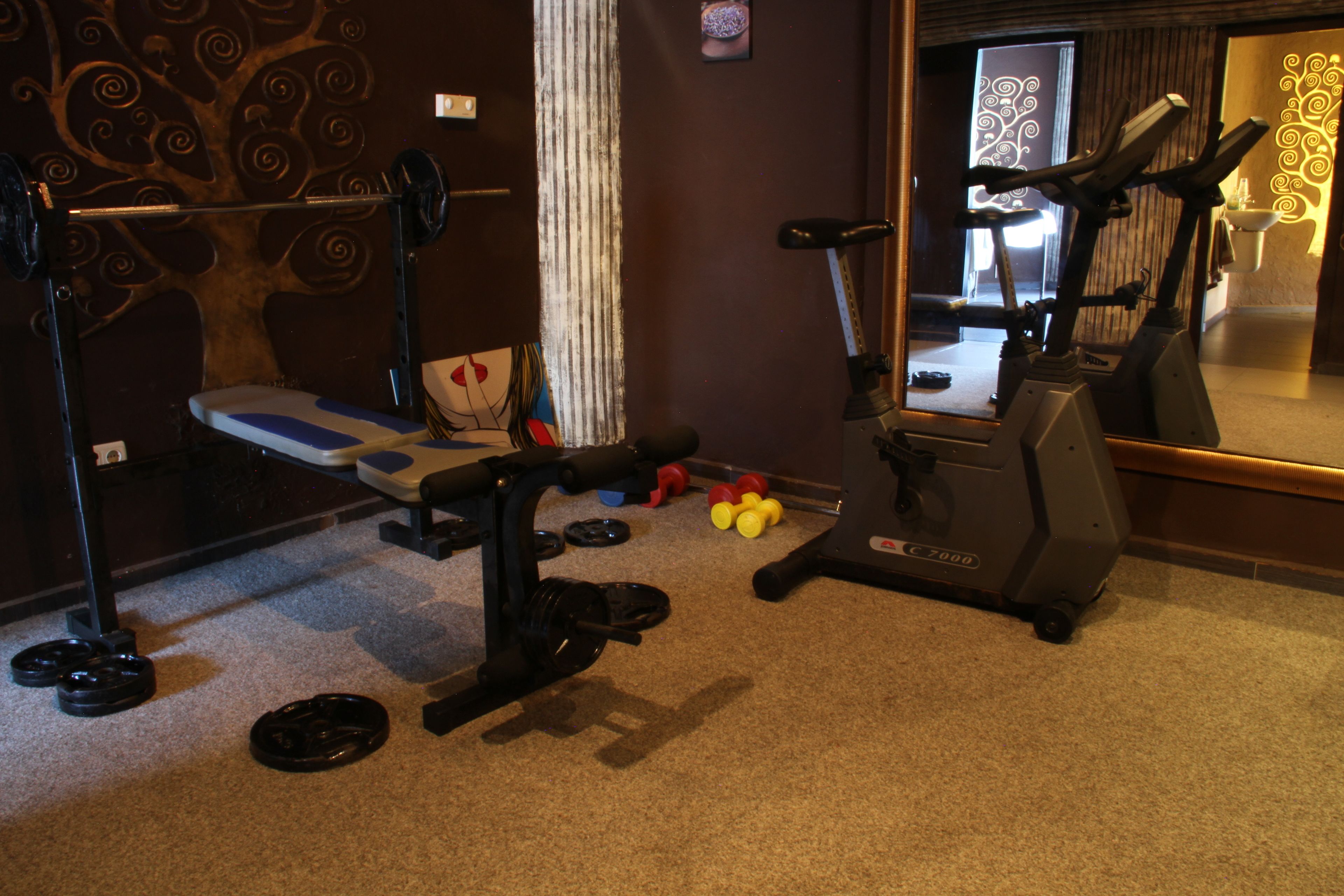 A gym with exercise equipment, a bench, and weights.