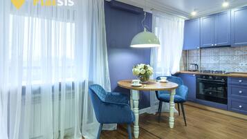 Apartment | Private kitchen | Fridge, microwave, oven, stovetop