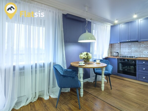 Apartment | Private kitchen | Fridge, microwave, oven, stovetop - Flatsis Apartment August 23 (Kharkiv)