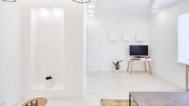 Een moderne, minimalistische woonkamer met een flatscreen televisie op een witte standaard, een kleine potplant en een houten bankje.