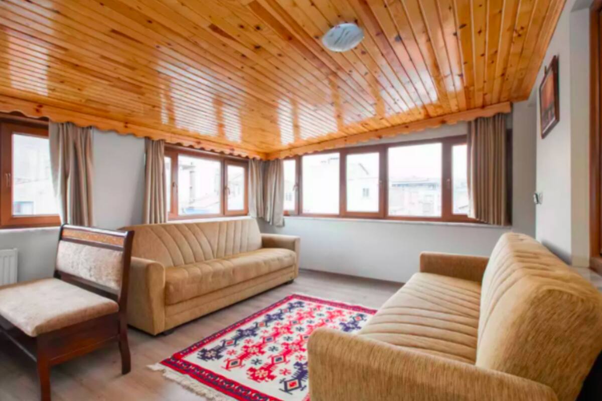 A room with a wooden ceiling, two sofas, a small table, and a patterned rug.