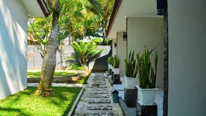 Un chemin bordé de plantes en pot et d’un palmier, menant à l’entrée d’un bâtiment.