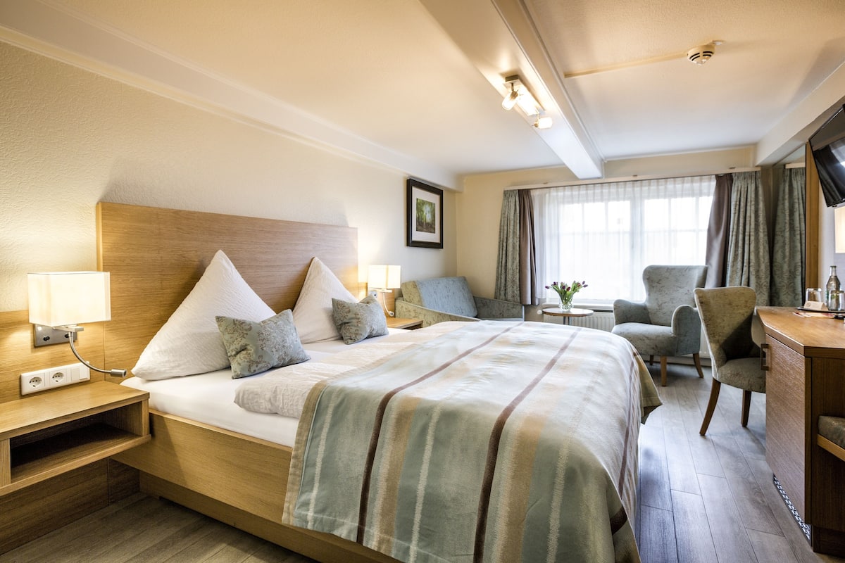 Habitación de hotel con una cama grande, mesitas de noche, un escritorio, una silla y un televisor.