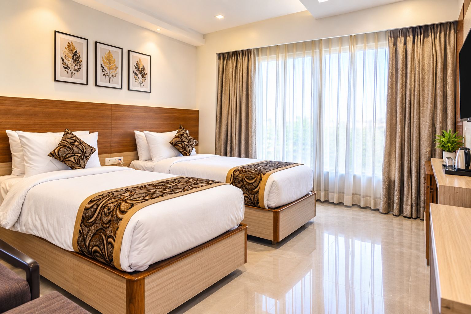 A hotel room with two beds, a wooden headboard, a desk with a plant, and a large window with curtains.