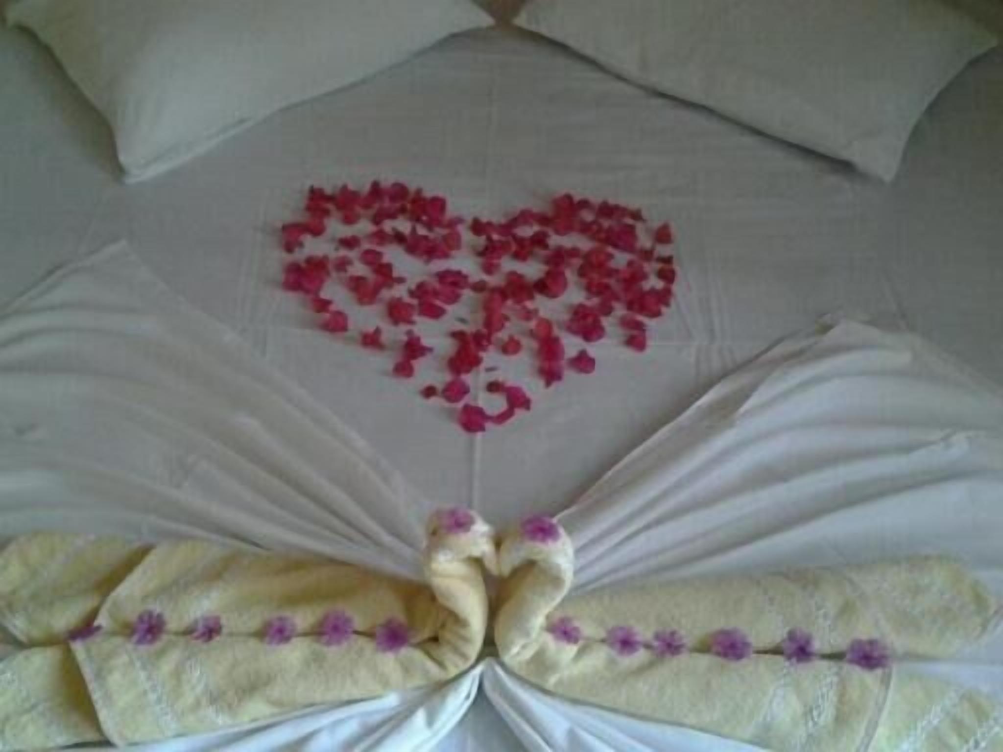 A bed with rose petals arranged in a heart shape and towels folded with purple flowers.