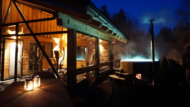 Una cabaña acogedora con chimenea a la vista, interior de madera y un ventanal que da a una zona boscosa.