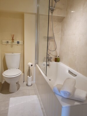 Combined shower/bathtub, hair dryer, towels, soap