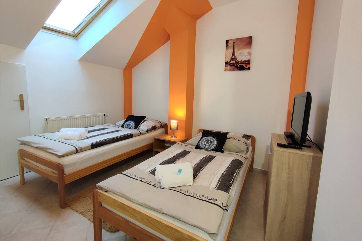 A bedroom with two beds, a skylight, a painting of the Eiffel Tower, and a TV on a wooden stand.