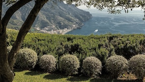 A table under a tree with a view of a coastal landscape. - Villa Margherita (Ravello)