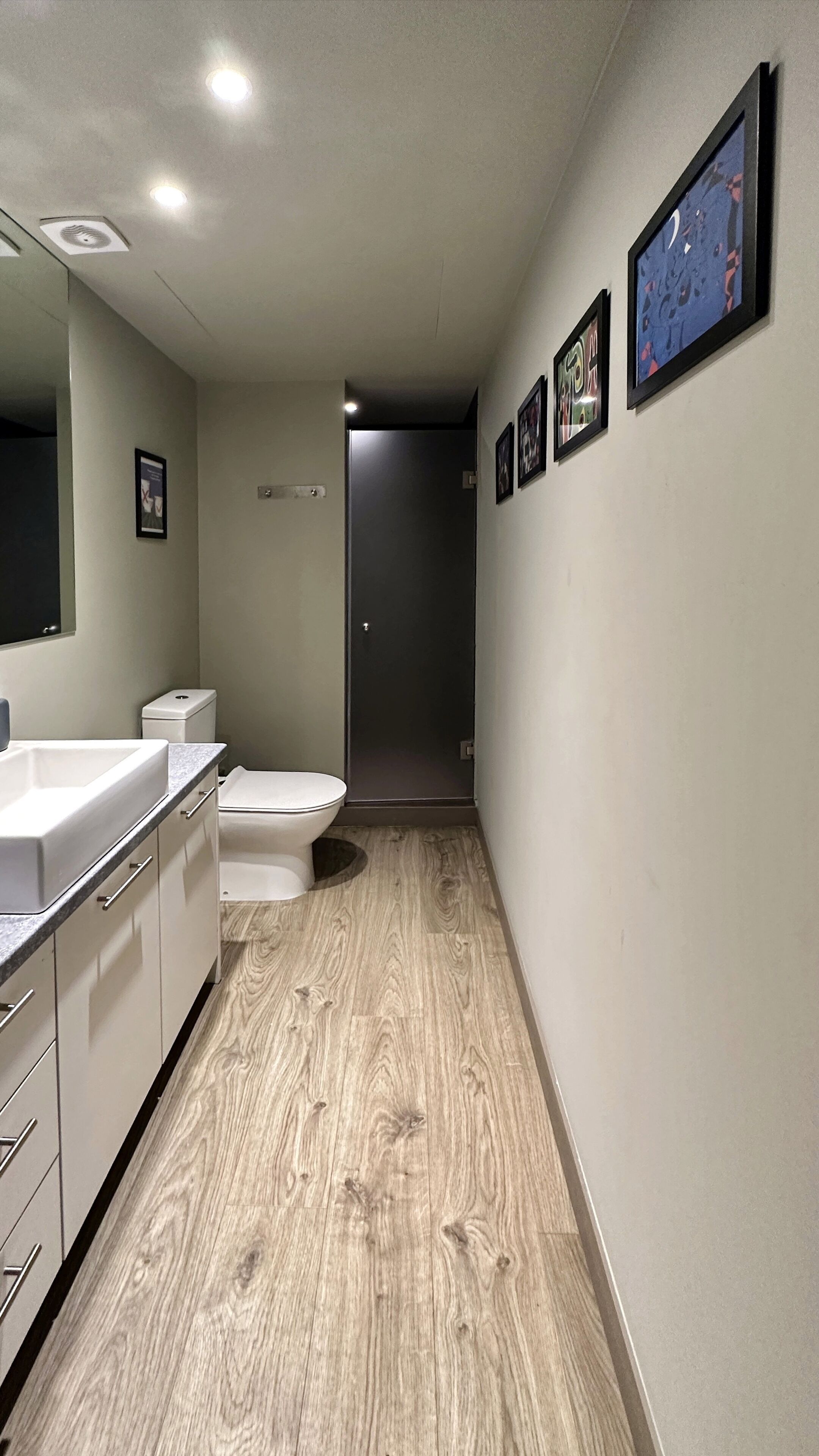 A narrow hallway with a wooden floor, a white sink, and a toilet. There are framed pictures on the wall and a door at the end.