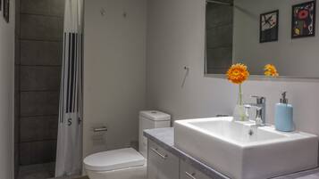 A modern bathroom with a shower, toilet, and sink.