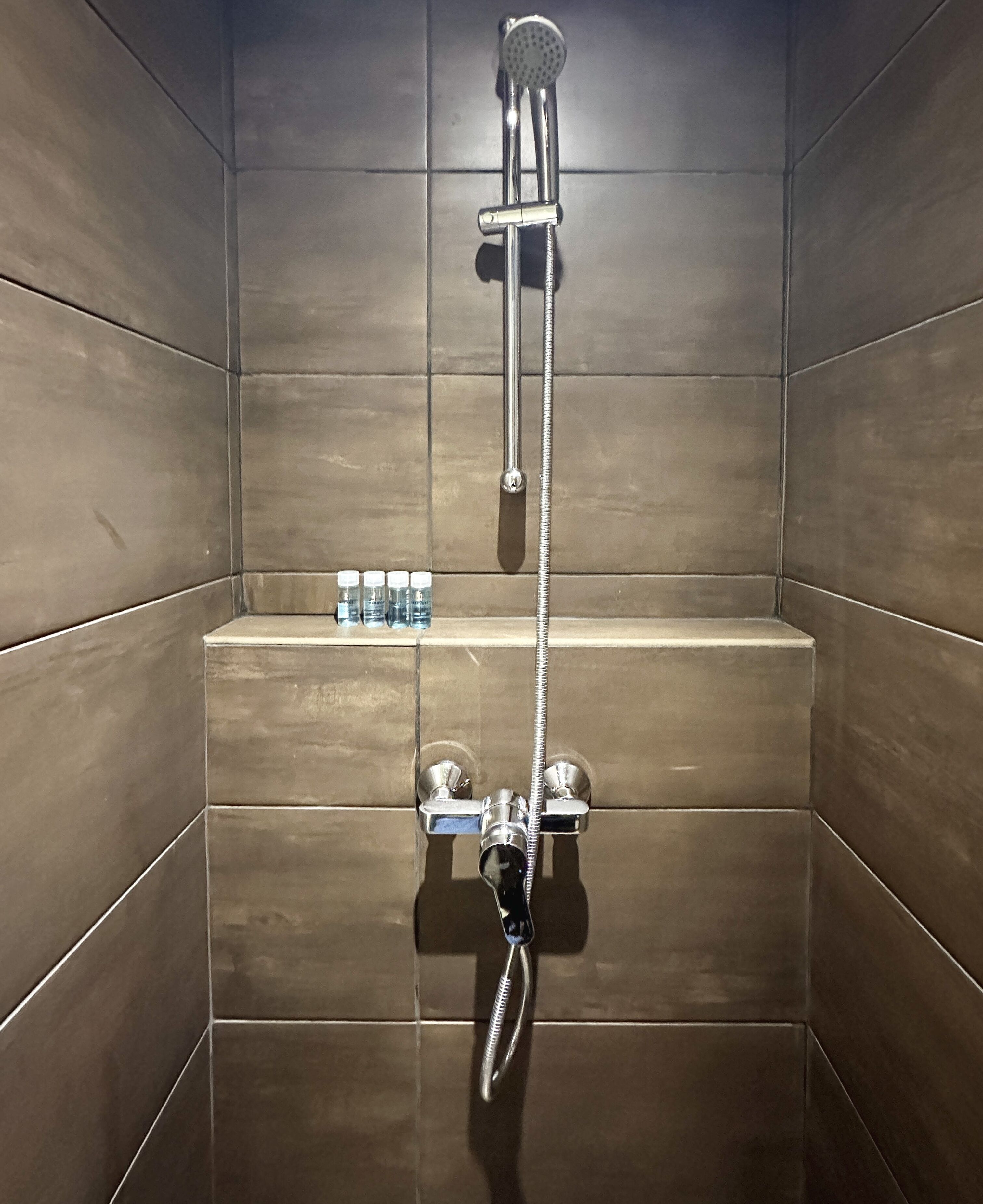 A shower with a handheld showerhead and a wall-mounted faucet. There are bottles of shampoo and conditioner on a shelf.
