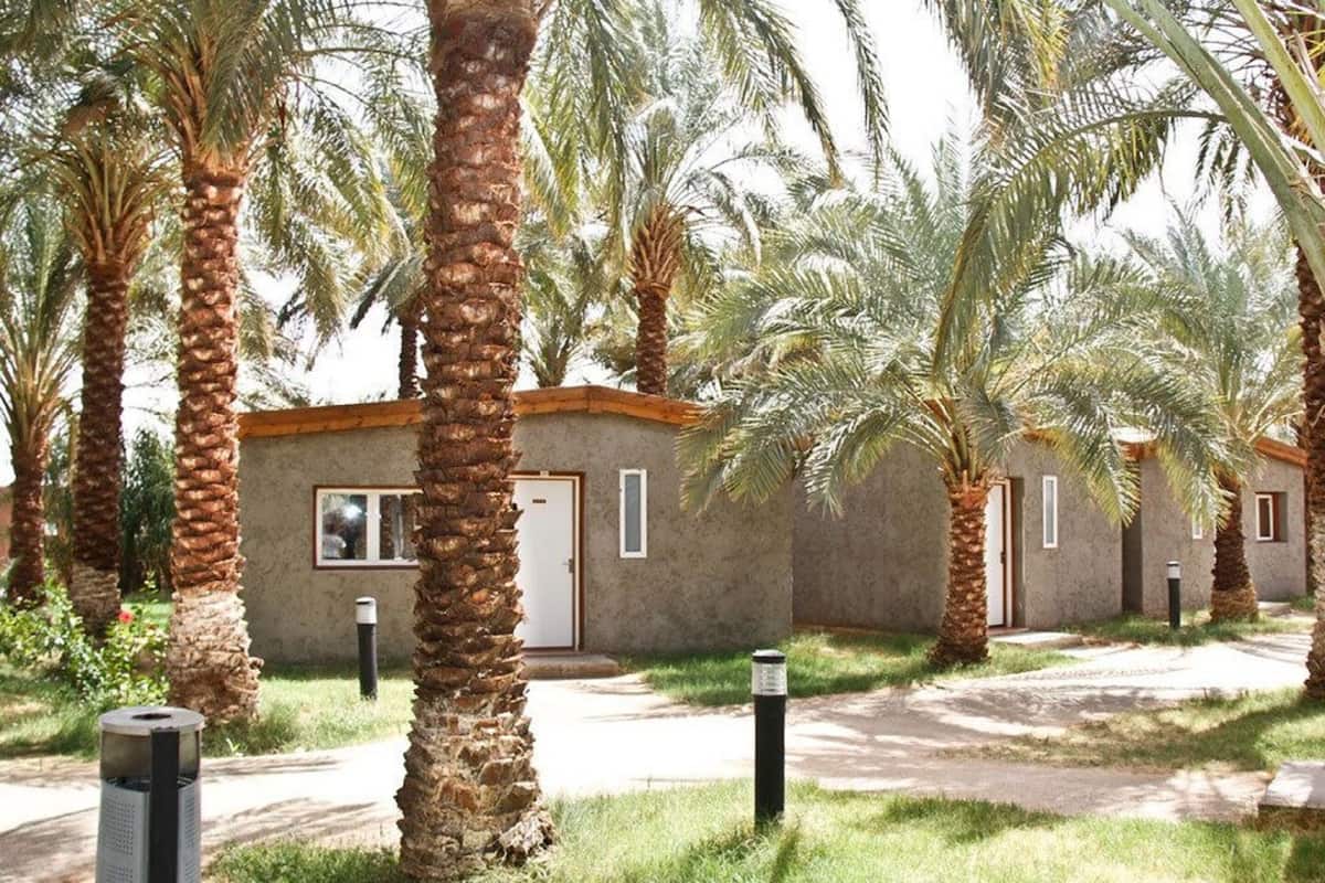 A row of single-story buildings with a simple, functional design, surrounded by palm trees.