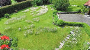 Een verzorgde tuin met diverse bloemen en strakke hagen.